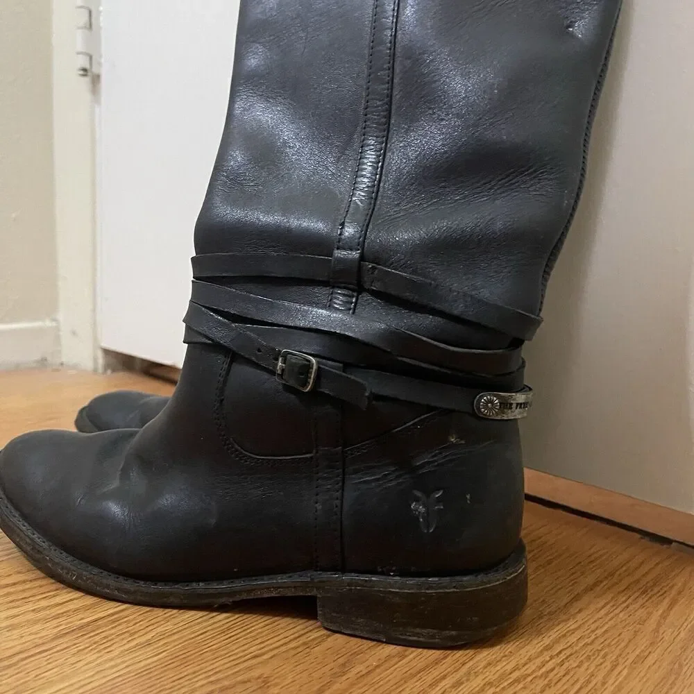 FRYE Leather Black Knee high Riding Western country boots US 7 -77754 4003